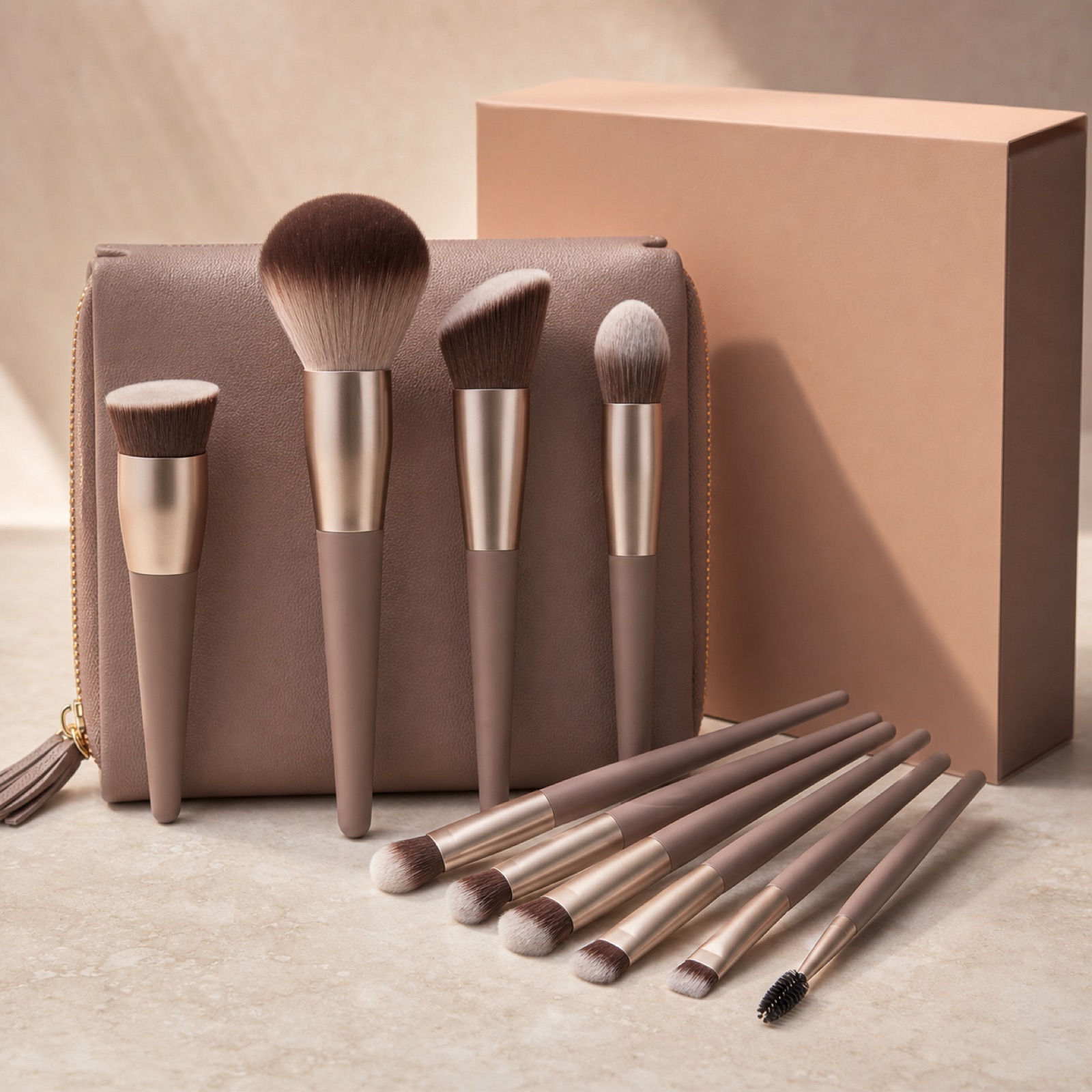 Coordinated makeup brush set with pouch and carton
