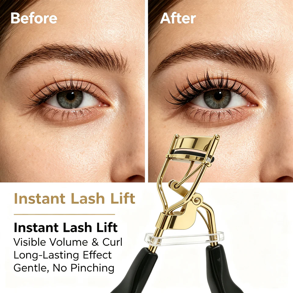 Before and after eyelash curler demonstration