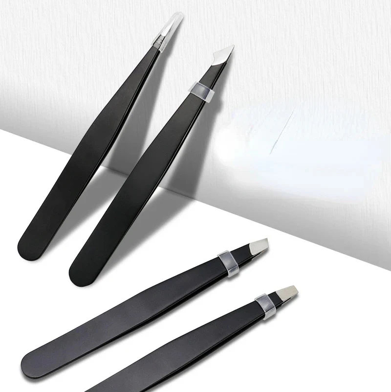 Two black precision tweezers on white
