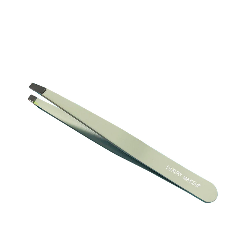 Close product photograph of a pale green slant tweezer